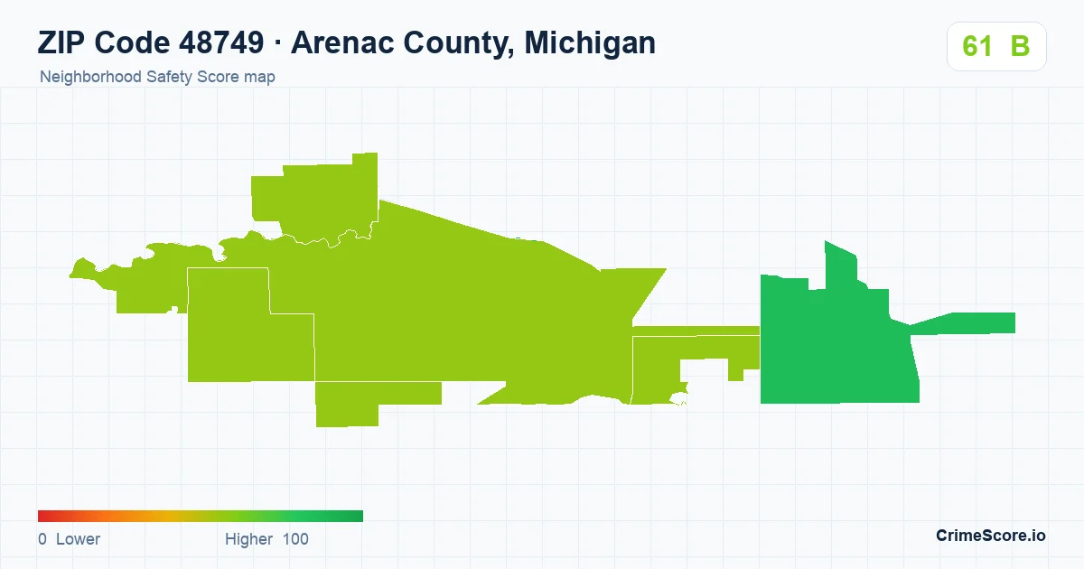 ZIP Code 48749 in Arenac County, Michigan neighborhood Safety Score map