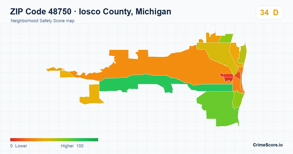ZIP Code 48750 in Iosco County, Michigan neighborhood Safety Score map