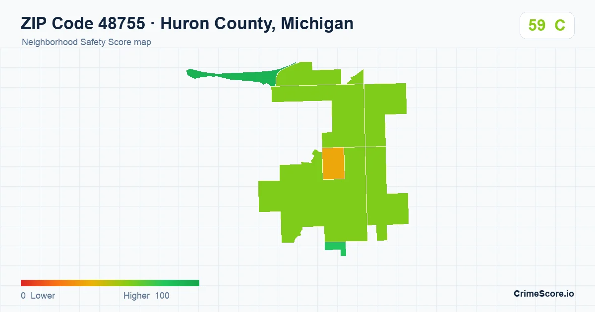 ZIP Code 48755 in Huron County, Michigan neighborhood Safety Score map