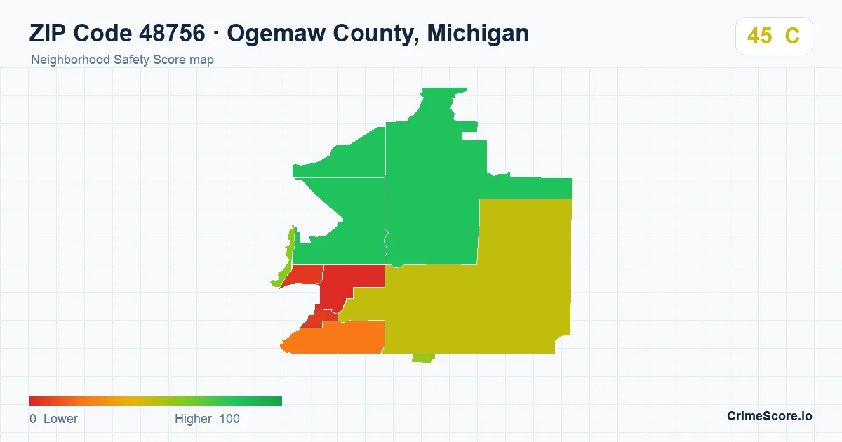 ZIP Code 48756 in Ogemaw County, Michigan neighborhood Safety Score map