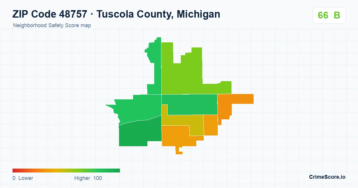 ZIP Code 48757 in Tuscola County, Michigan neighborhood Safety Score map