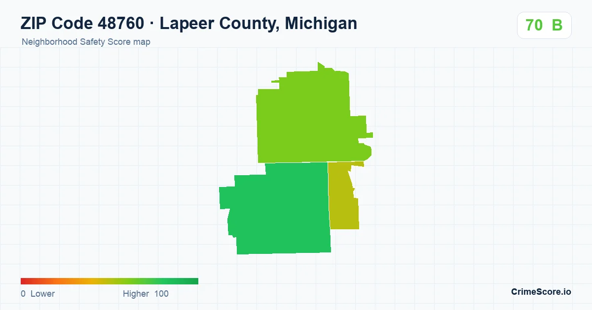 ZIP Code 48760 in Lapeer County, Michigan neighborhood Safety Score map