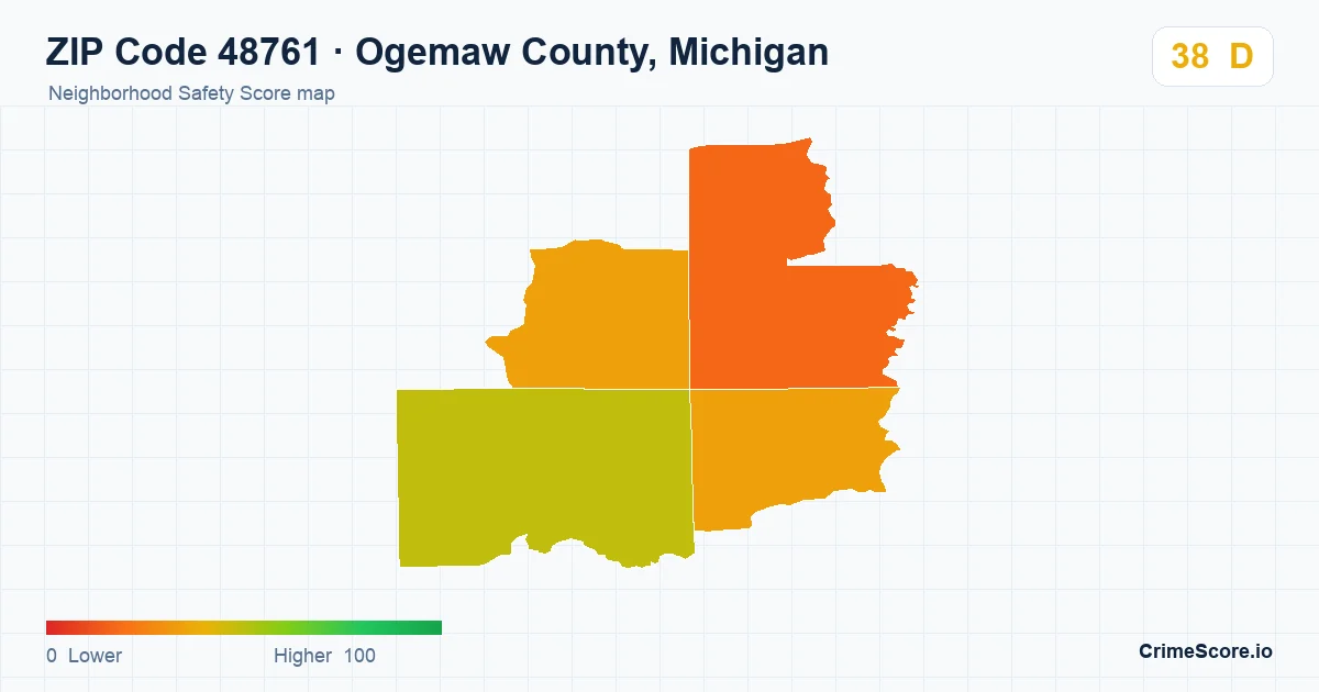 ZIP Code 48761 in Ogemaw County, Michigan neighborhood Safety Score map
