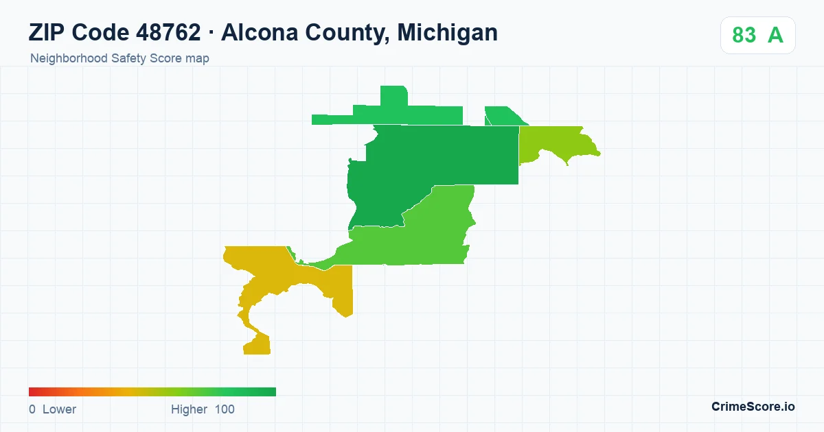 ZIP Code 48762 in Alcona County, Michigan neighborhood Safety Score map