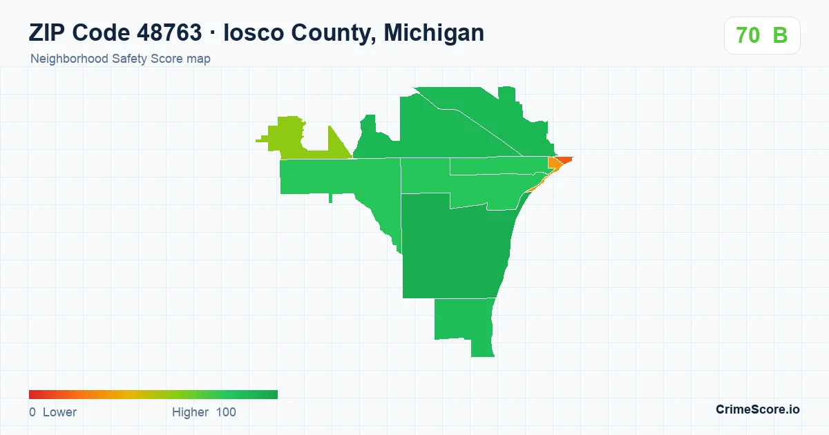 ZIP Code 48763 in Iosco County, Michigan neighborhood Safety Score map