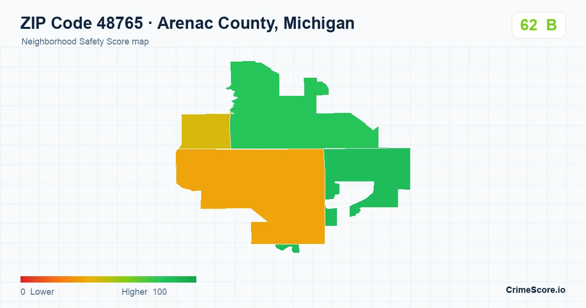 ZIP Code 48765 in Arenac County, Michigan neighborhood Safety Score map