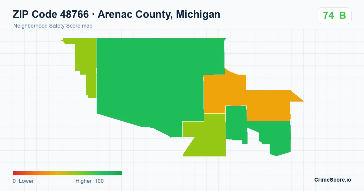 ZIP Code 48766 in Arenac County, Michigan neighborhood Safety Score map