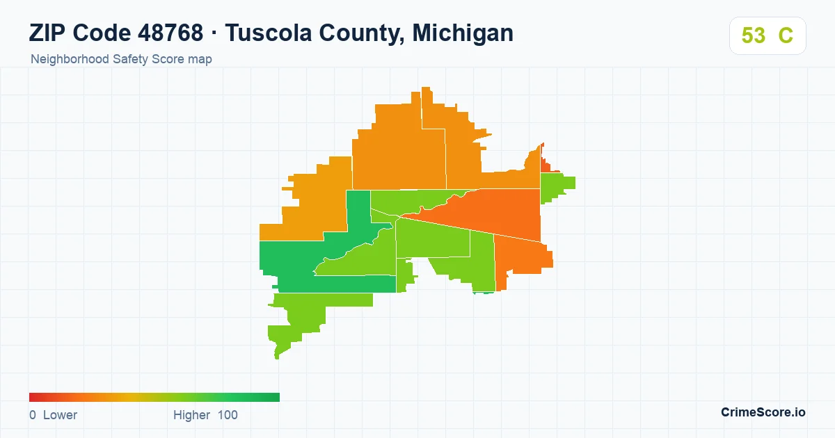 ZIP Code 48768 in Tuscola County, Michigan neighborhood Safety Score map