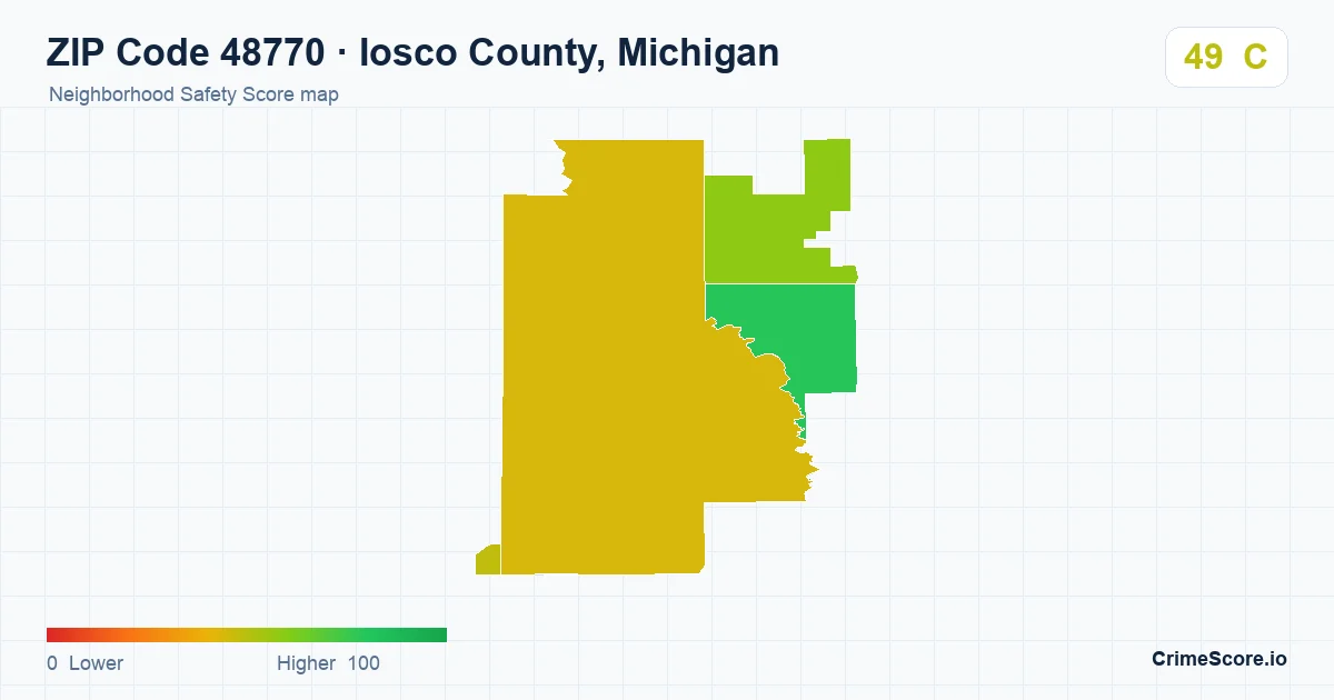 ZIP Code 48770 in Iosco County, Michigan neighborhood Safety Score map