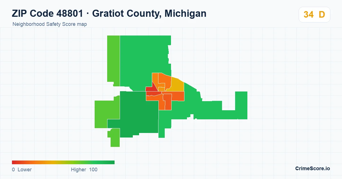 ZIP Code 48801 in Gratiot County, Michigan neighborhood Safety Score map