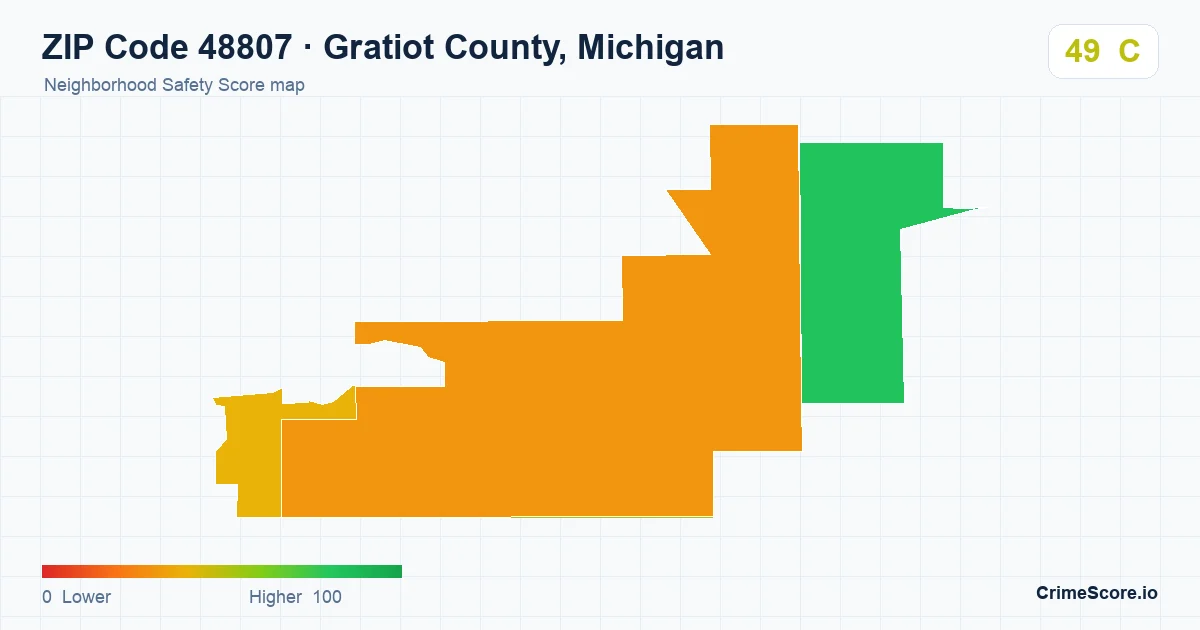 ZIP Code 48807 in Gratiot County, Michigan neighborhood Safety Score map