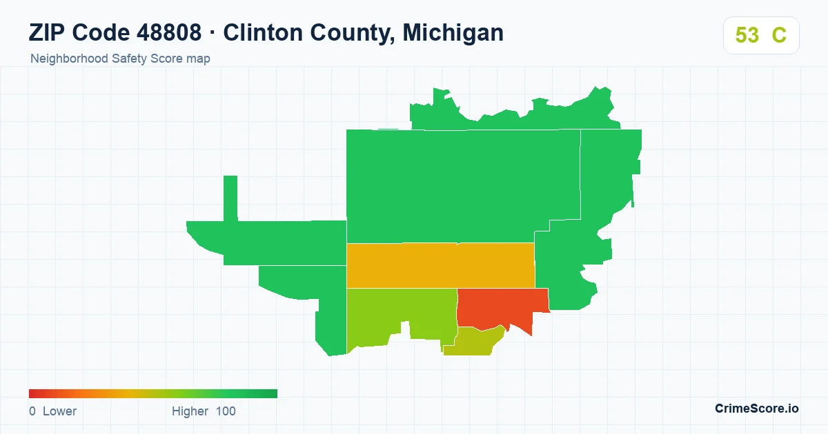ZIP Code 48808 in Clinton County, Michigan neighborhood Safety Score map