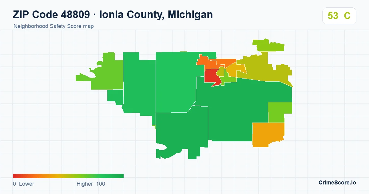 ZIP Code 48809 in Ionia County, Michigan neighborhood Safety Score map