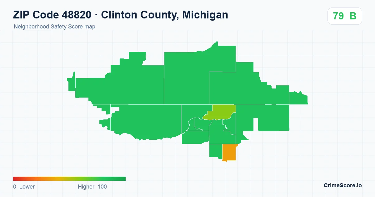 ZIP Code 48820 in Clinton County, Michigan neighborhood Safety Score map