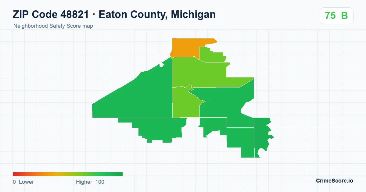 ZIP Code 48821 in Eaton County, Michigan neighborhood Safety Score map