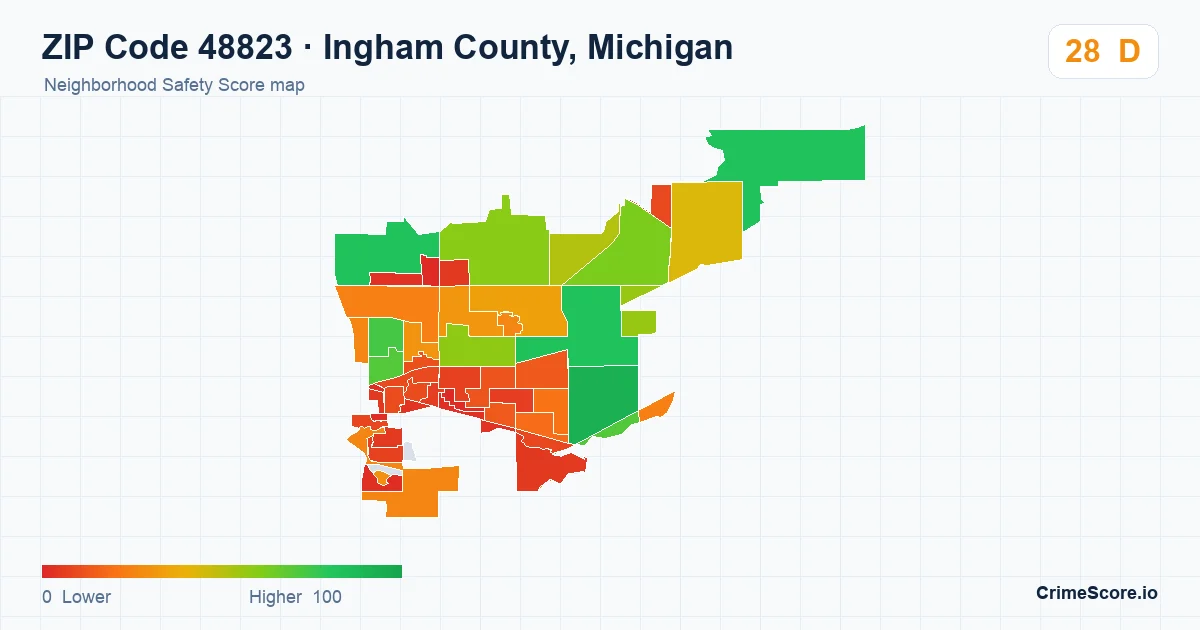 ZIP Code 48823 in Ingham County, Michigan neighborhood Safety Score map