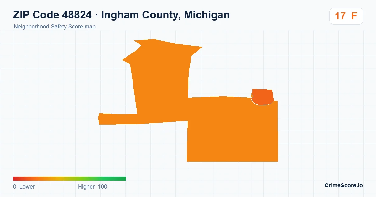 ZIP Code 48824 in Ingham County, Michigan neighborhood Safety Score map