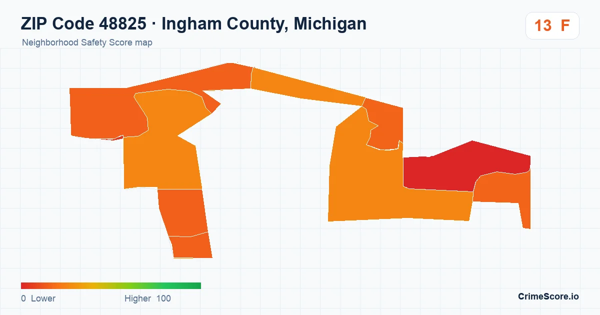 ZIP Code 48825 in Ingham County, Michigan neighborhood Safety Score map