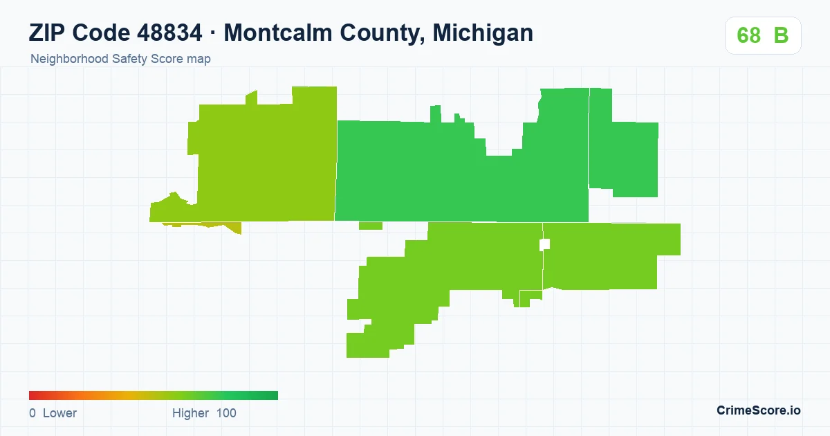 ZIP Code 48834 in Montcalm County, Michigan neighborhood Safety Score map