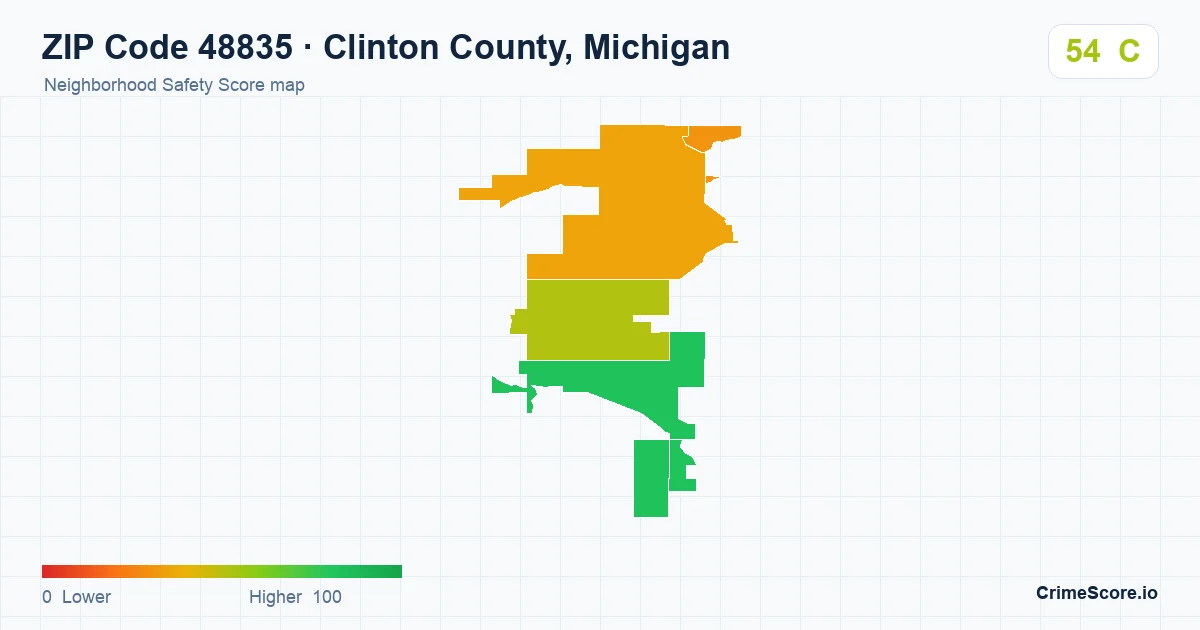 ZIP Code 48835 in Clinton County, Michigan neighborhood Safety Score map