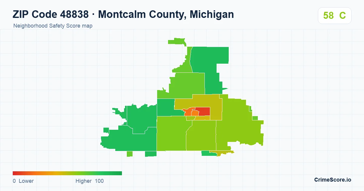 ZIP Code 48838 in Montcalm County, Michigan neighborhood Safety Score map