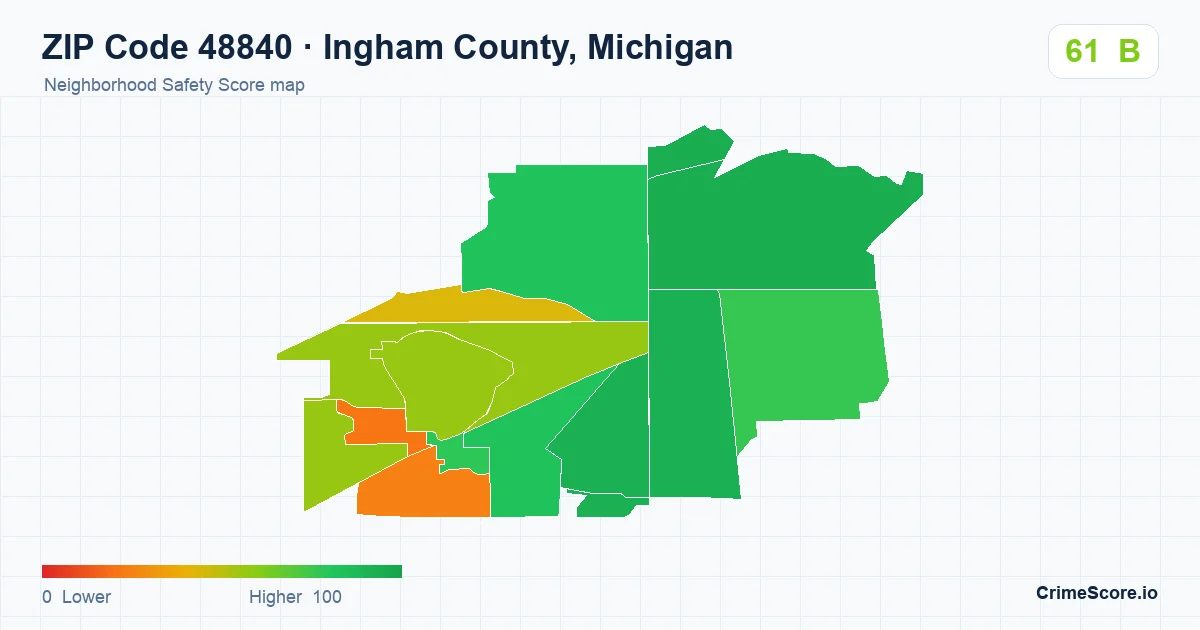 ZIP Code 48840 in Ingham County, Michigan neighborhood Safety Score map