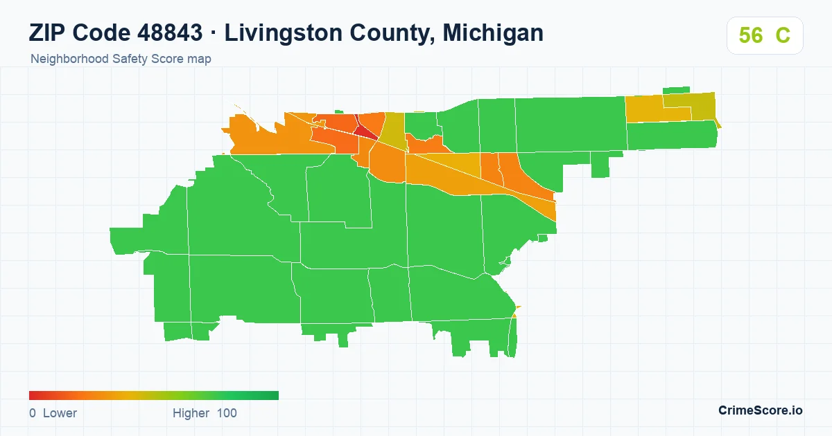 ZIP Code 48843 in Livingston County, Michigan neighborhood Safety Score map