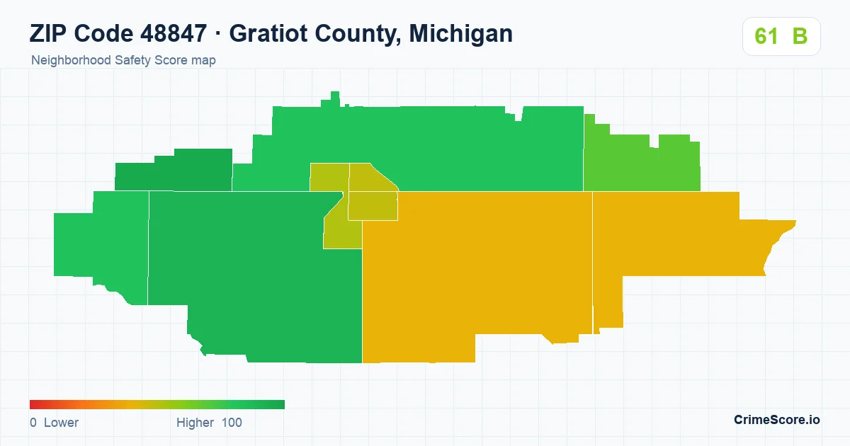 ZIP Code 48847 in Gratiot County, Michigan neighborhood Safety Score map