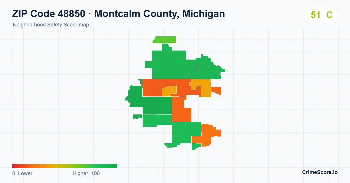 ZIP Code 48850 in Montcalm County, Michigan neighborhood Safety Score map