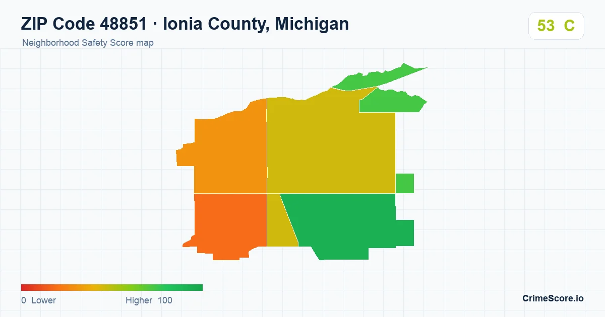 ZIP Code 48851 in Ionia County, Michigan neighborhood Safety Score map
