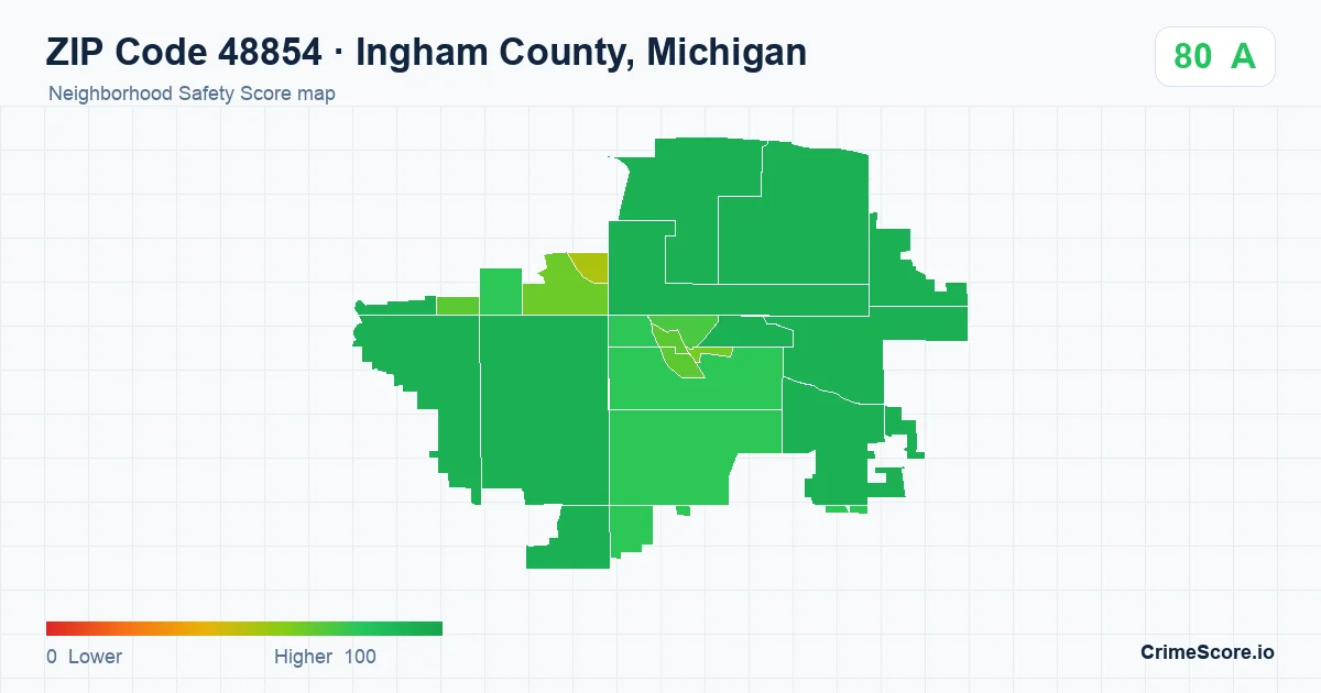 ZIP Code 48854 in Ingham County, Michigan neighborhood Safety Score map