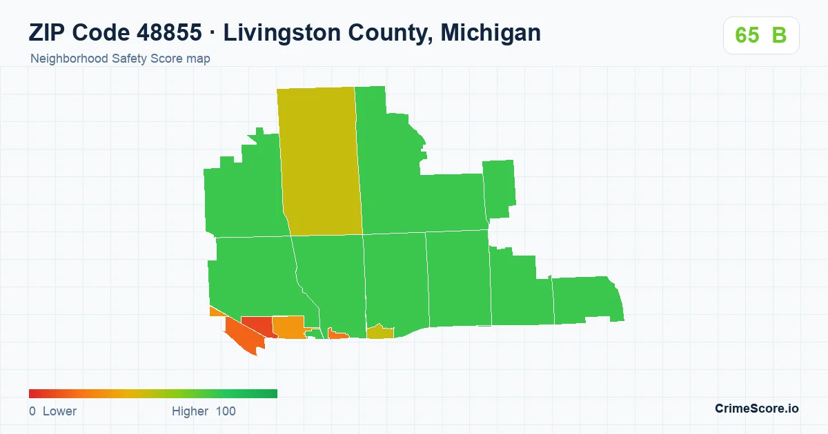 ZIP Code 48855 in Livingston County, Michigan neighborhood Safety Score map