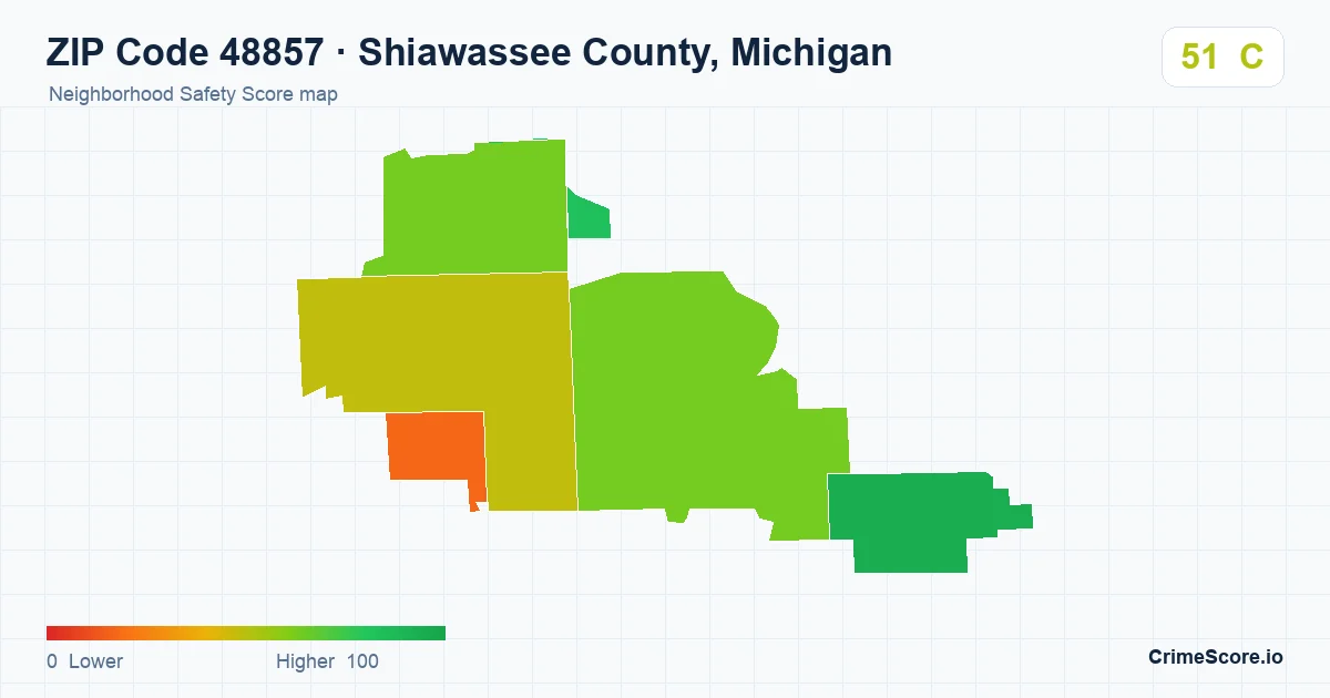ZIP Code 48857 in Shiawassee County, Michigan neighborhood Safety Score map