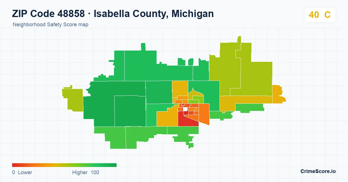 ZIP Code 48858 in Isabella County, Michigan neighborhood Safety Score map