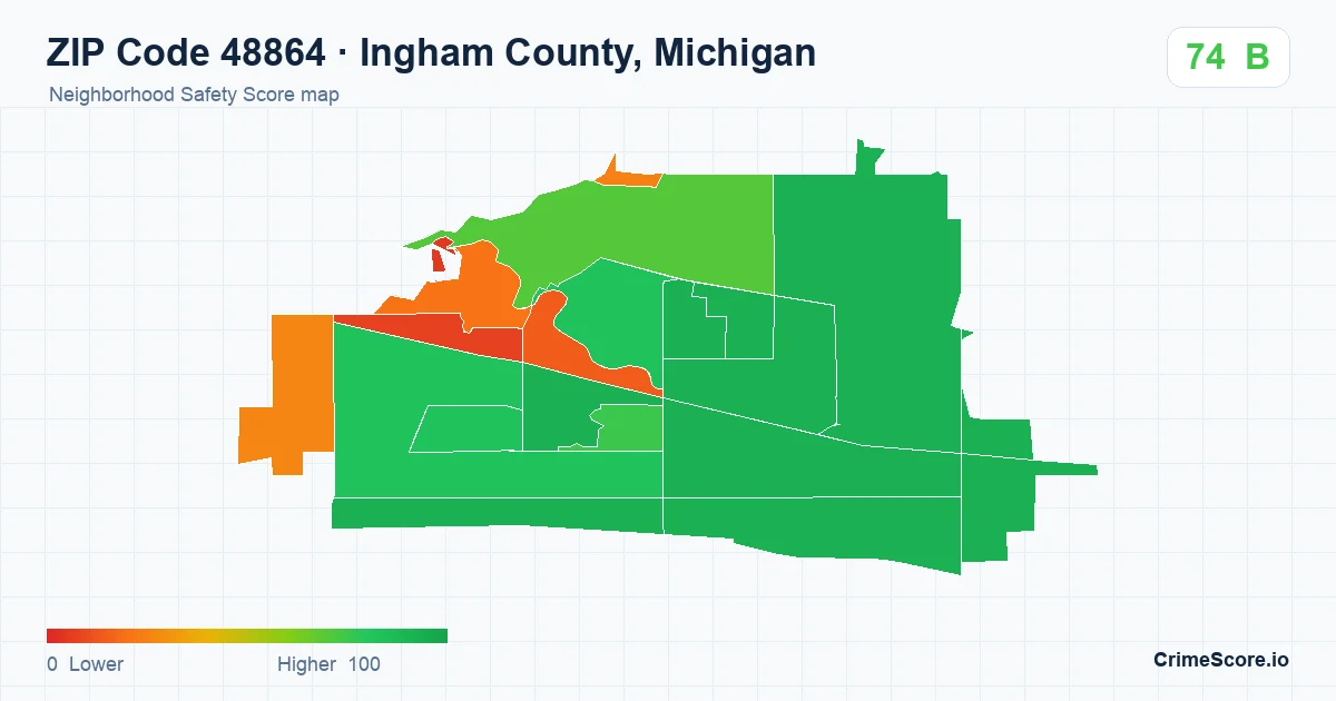 ZIP Code 48864 in Ingham County, Michigan neighborhood Safety Score map