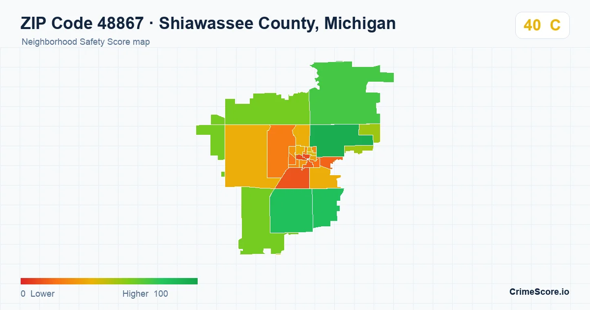 ZIP Code 48867 in Shiawassee County, Michigan neighborhood Safety Score map