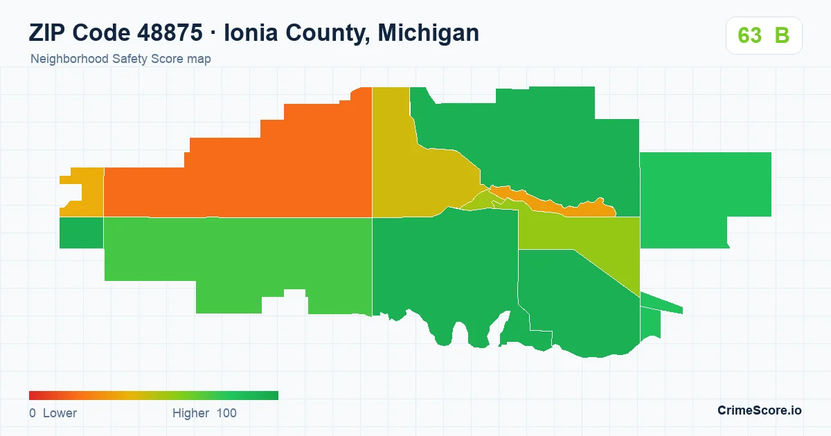 ZIP Code 48875 in Ionia County, Michigan neighborhood Safety Score map