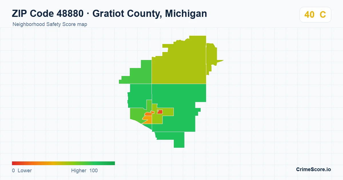 ZIP Code 48880 in Gratiot County, Michigan neighborhood Safety Score map