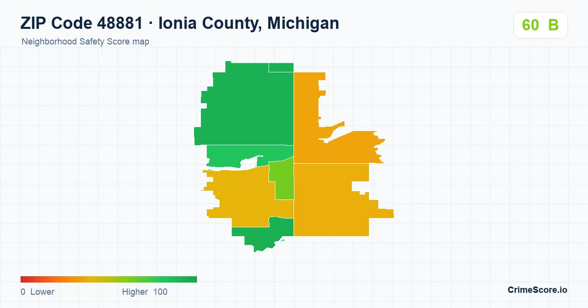 ZIP Code 48881 in Ionia County, Michigan neighborhood Safety Score map