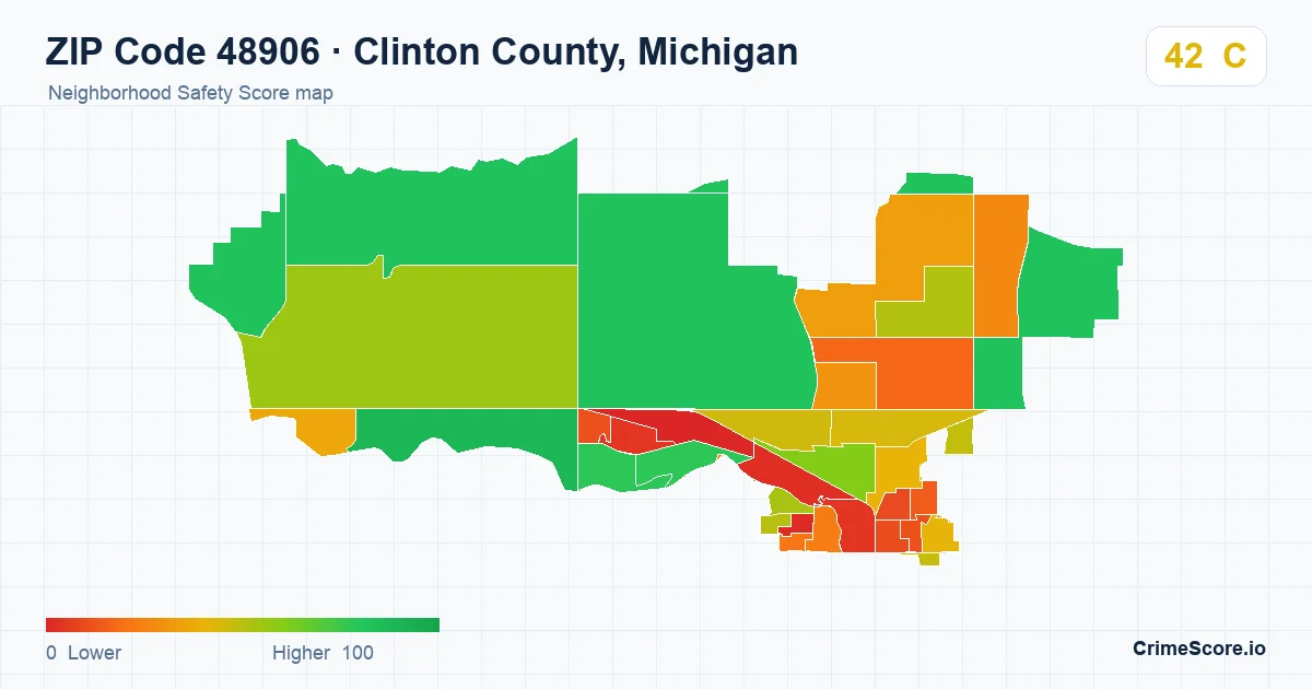 ZIP Code 48906 in Clinton County, Michigan neighborhood Safety Score map