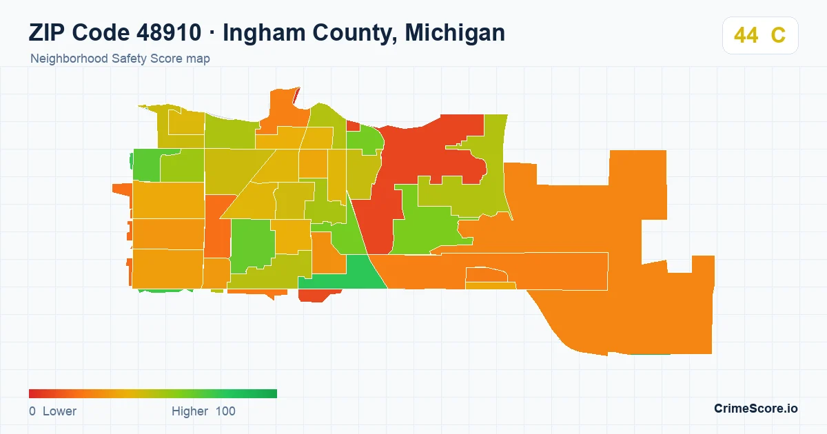 ZIP Code 48910 in Ingham County, Michigan neighborhood Safety Score map