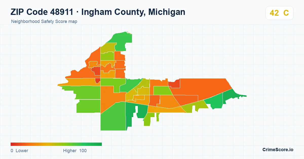 ZIP Code 48911 in Ingham County, Michigan neighborhood Safety Score map