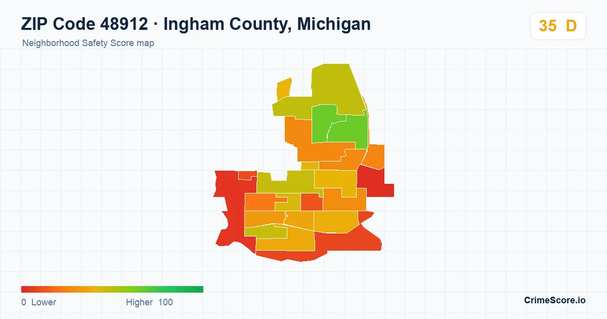 ZIP Code 48912 in Ingham County, Michigan neighborhood Safety Score map