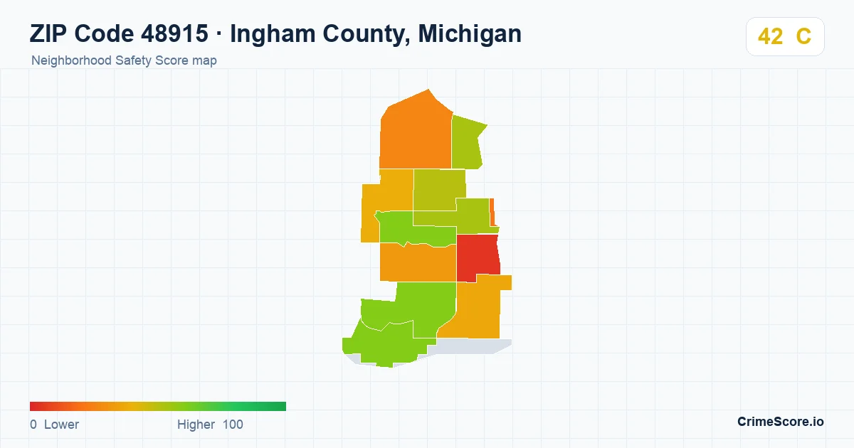 ZIP Code 48915 in Ingham County, Michigan neighborhood Safety Score map