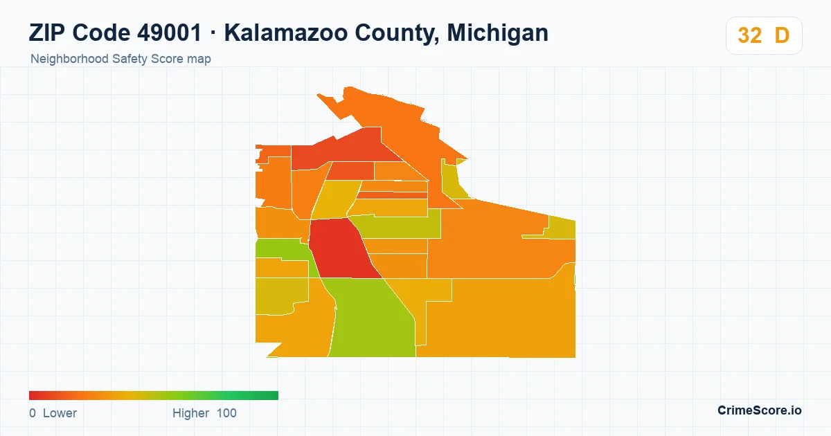 ZIP Code 49001 in Kalamazoo County, Michigan neighborhood Safety Score map