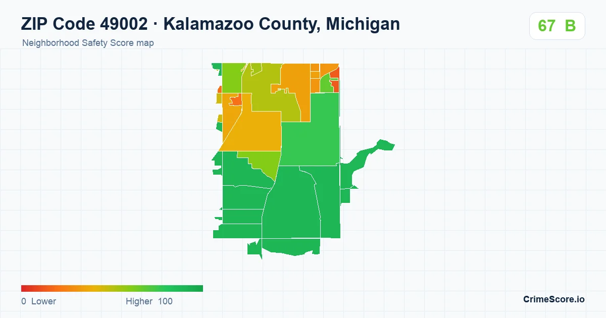 ZIP Code 49002 in Kalamazoo County, Michigan neighborhood Safety Score map