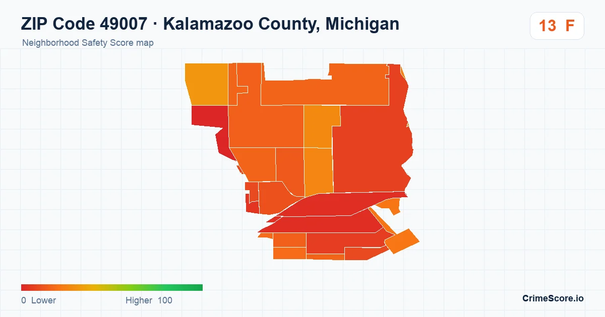 ZIP Code 49007 in Kalamazoo County, Michigan neighborhood Safety Score map