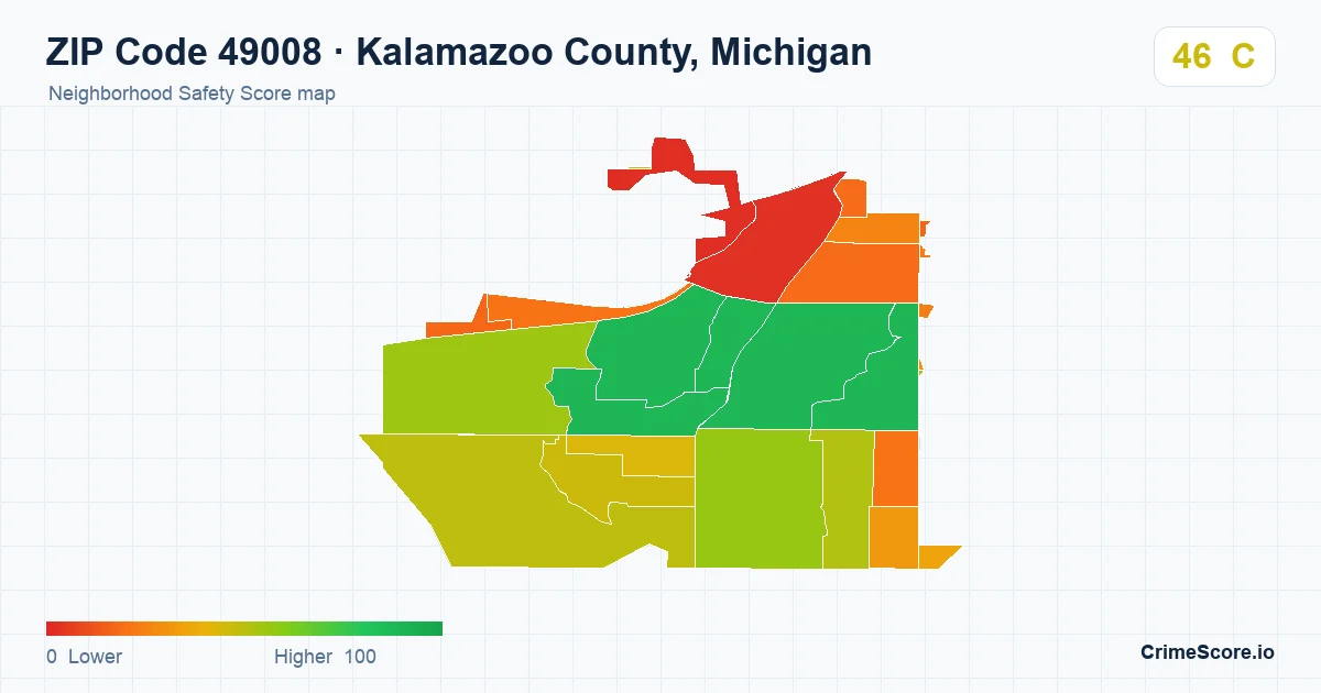 ZIP Code 49008 in Kalamazoo County, Michigan neighborhood Safety Score map