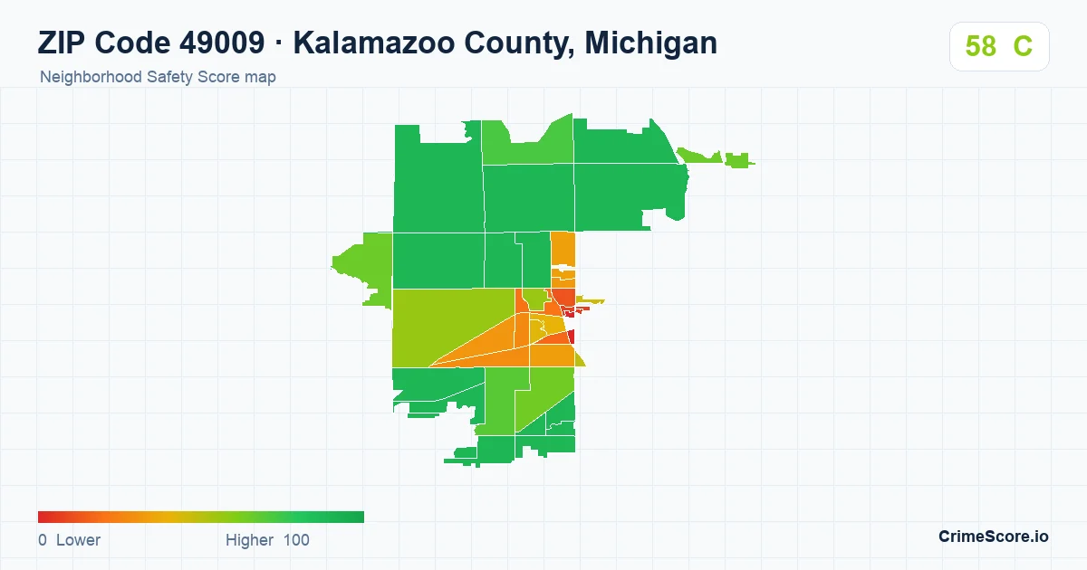 ZIP Code 49009 in Kalamazoo County, Michigan neighborhood Safety Score map