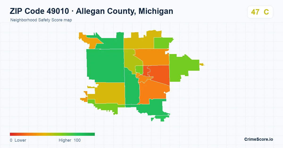 ZIP Code 49010 in Allegan County, Michigan neighborhood Safety Score map
